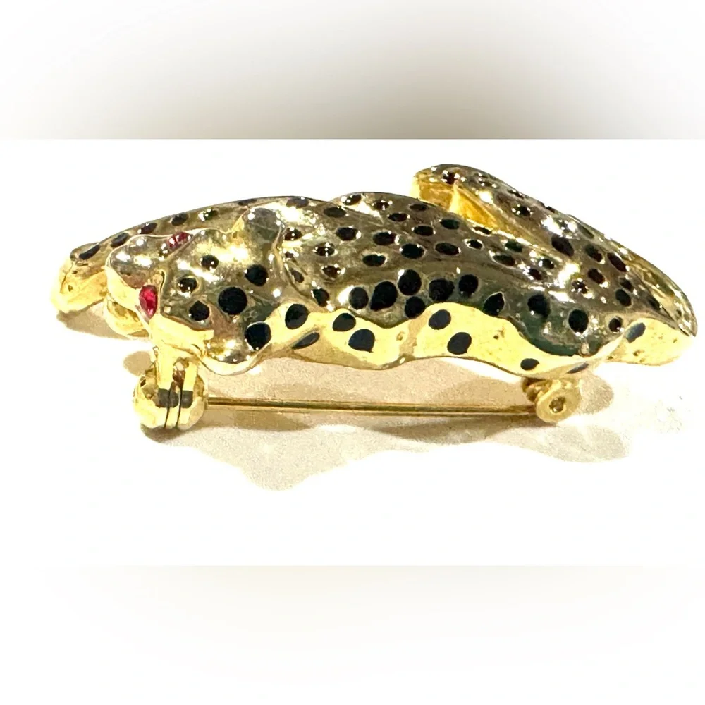 Vintage Gold and Black Leopard Brooch with Red Eyes